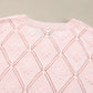 Gossamer Pink Openwork Plaid Puff Sleeve Cropped Sweater