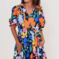 Blue Collared Split Neck Floral Flared Dress