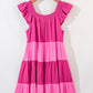 Pink Crinkled Colorblock Patchwork Flutter Tiered Mini Dress