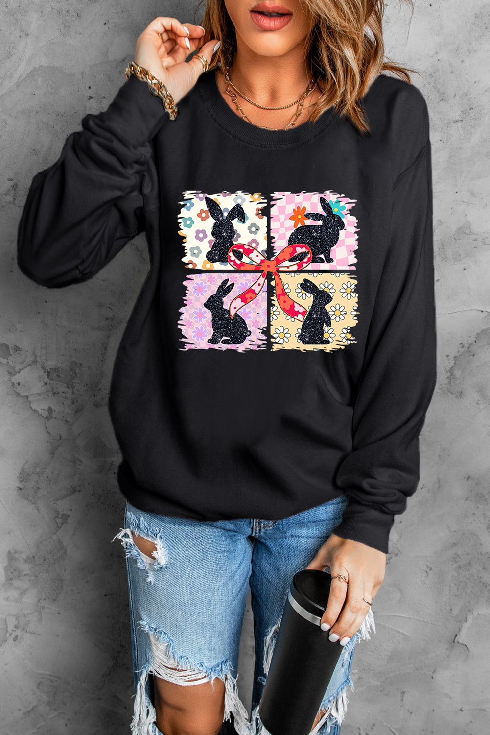 Black Floral Bunny Plaid Bow Graphic Easter Fashion Sweatshirt