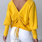 V Neck Gigot Sleeve Back Drawstring Top