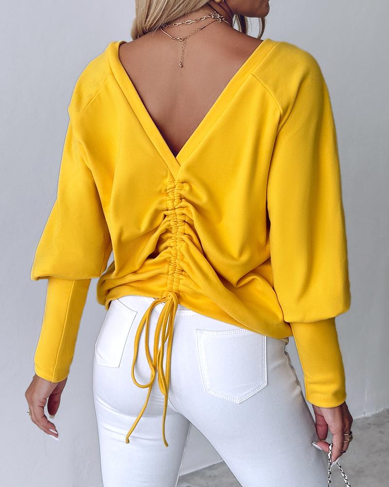 V Neck Gigot Sleeve Back Drawstring Top