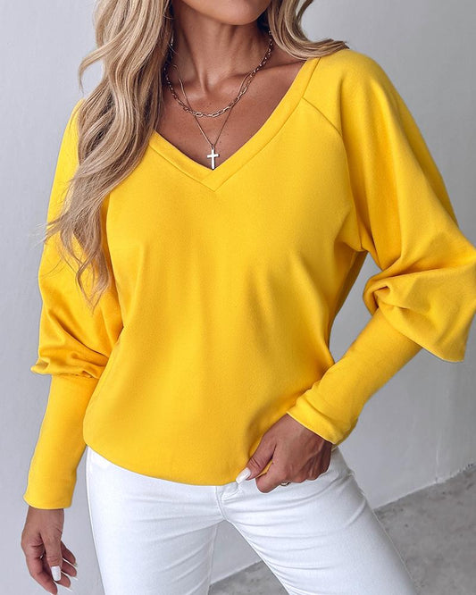 V Neck Gigot Sleeve Back Drawstring Top