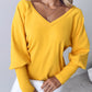 V Neck Gigot Sleeve Back Drawstring Top