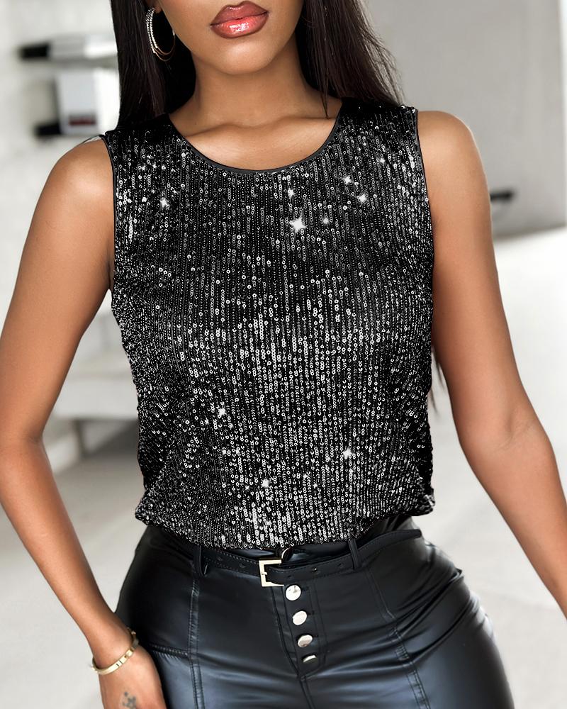 Allover Sequin Round Neck Tank Top