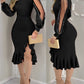 Rhinestone Stand Collar Slim Fit Slit Midi Dress Sheer Mesh Ruffles Party Bodycon