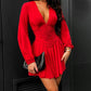 Plunge Neck Ruched A Line Flowy Dress Long Sleeve Casual Dress