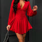 Plunge Neck Ruched A Line Flowy Dress Long Sleeve Casual Dress