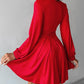 Plunge Neck Ruched A Line Flowy Dress Long Sleeve Casual Dress