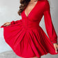 Plunge Neck Ruched A Line Flowy Dress Long Sleeve Casual Dress