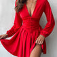 Plunge Neck Ruched A Line Flowy Dress Long Sleeve Casual Dress