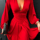 Plunge Neck Ruched A Line Flowy Dress Long Sleeve Casual Dress