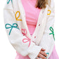 White Bowknot Drop Shoulder Knitted Button up Cardigan