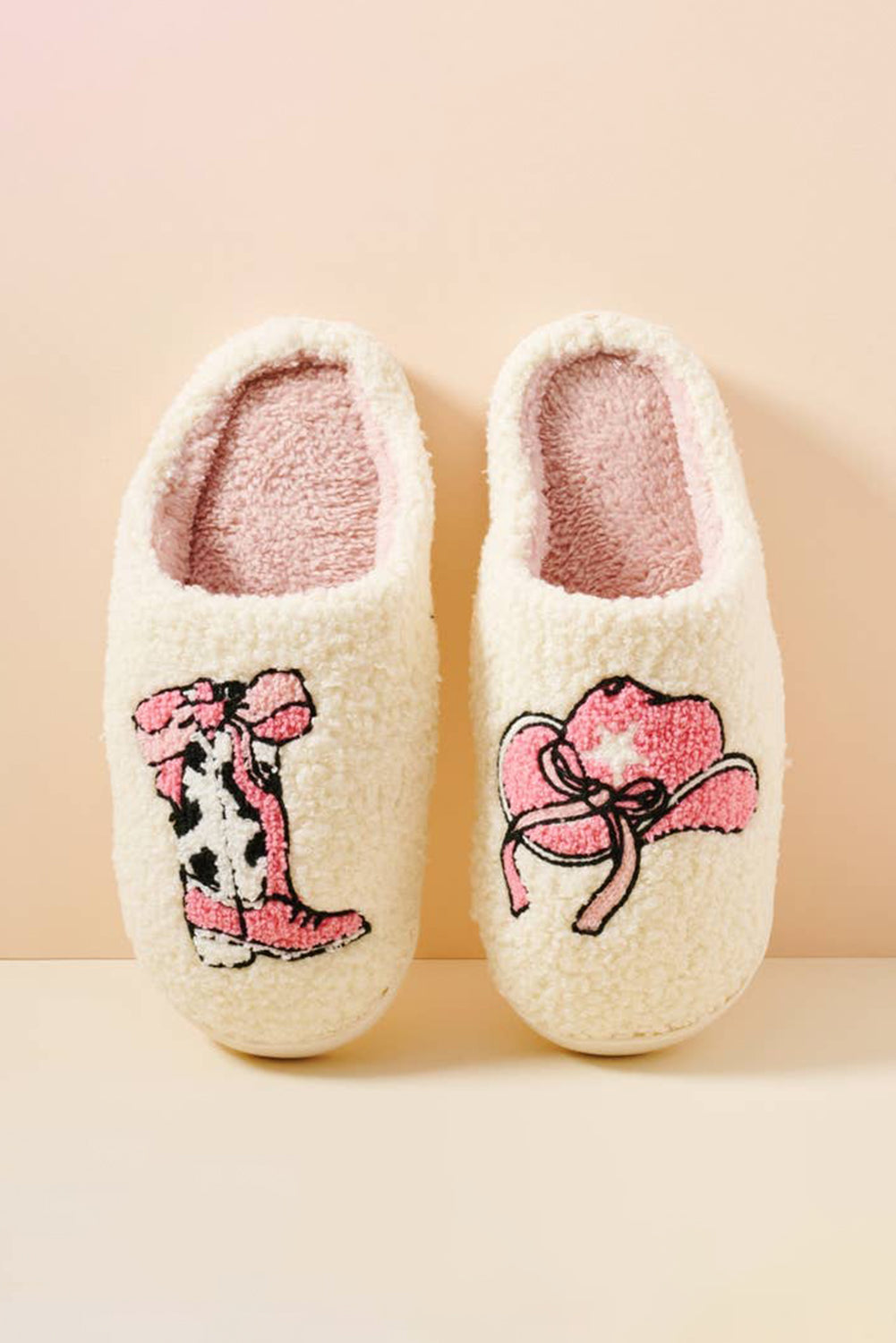 White Cowgirl Hat & Boot Printed Plush Thermal Home Slippers