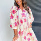 Pink Floral Print Balloon Sleeve V Neck Babydoll Mini Dress