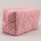 Pink Quilted Checkered Plush Zipped Makeup Bag