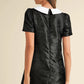 Black Floral Embossed Puff Sleeve Colorblock Bow Collared Mini Dress