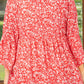 Red Plus Size Floral V Neck Flared Bracelet Sleeve Blouse