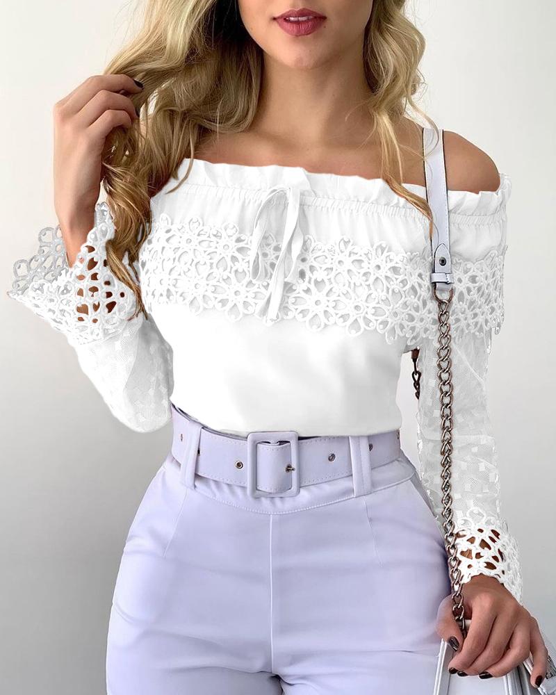 Off Shoulder Guipure Lace Frill Hem Drawstring Top