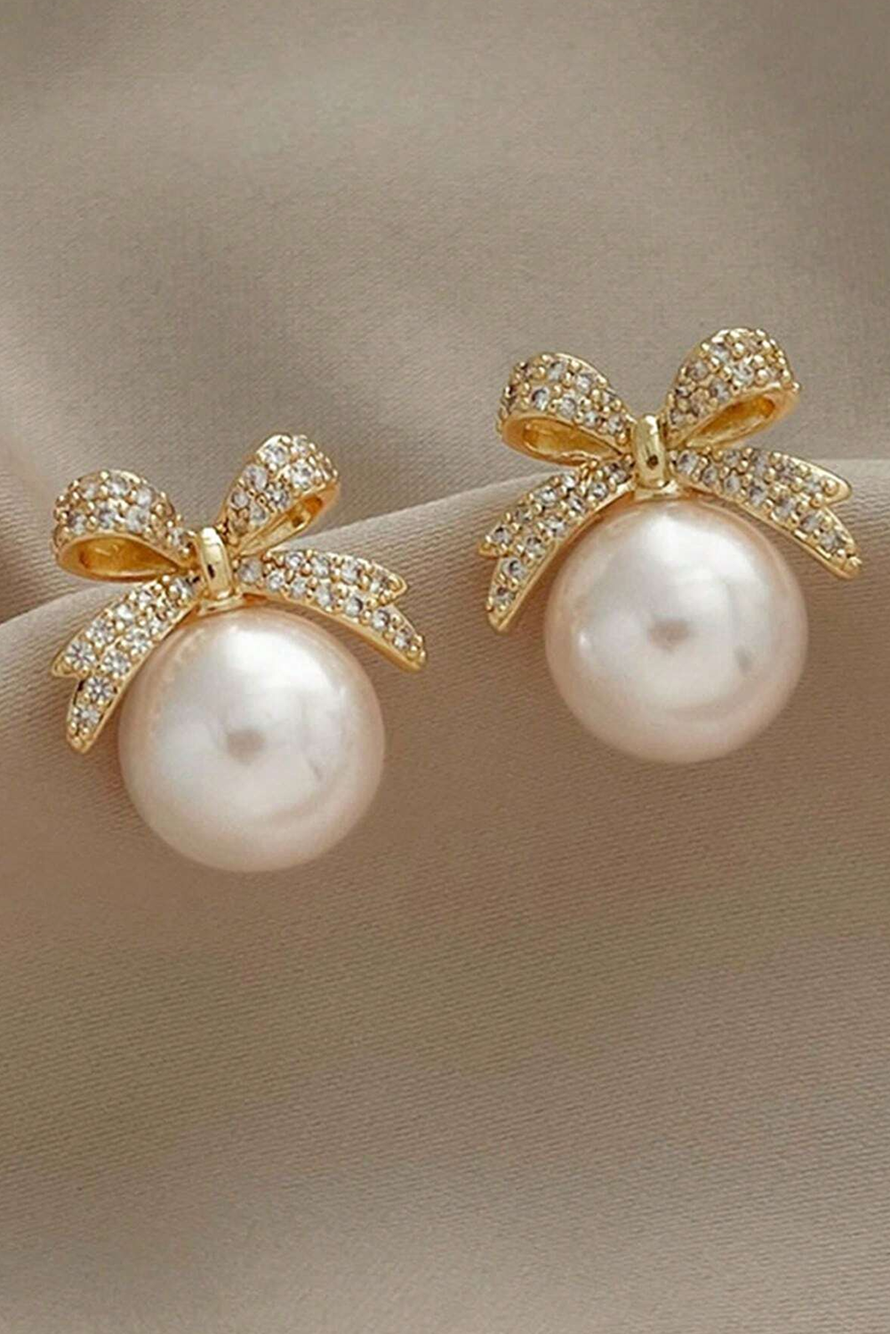 Gold Rhinestone Bowknot Pearl Earrings