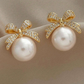 Gold Rhinestone Bowknot Pearl Earrings