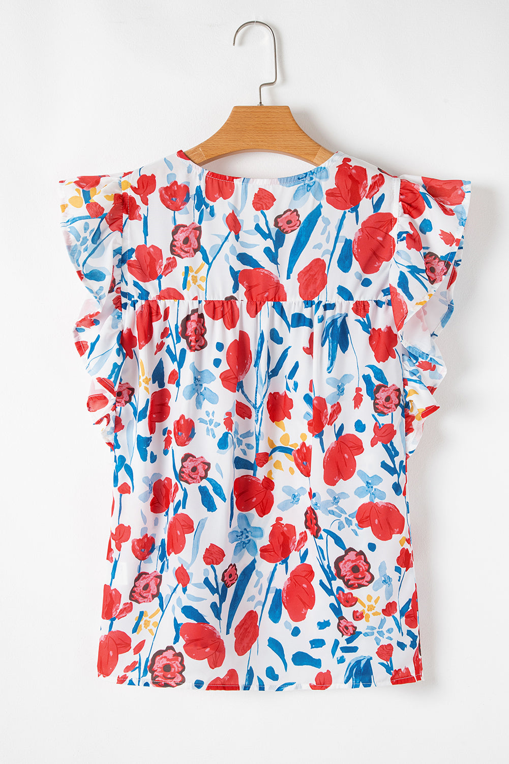 Red Flowers Pintuck Detail V-Neck Ruffled Sleeve Top