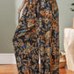 Multicolour Floral Shirred High Waist Wide Leg Pants with Tie