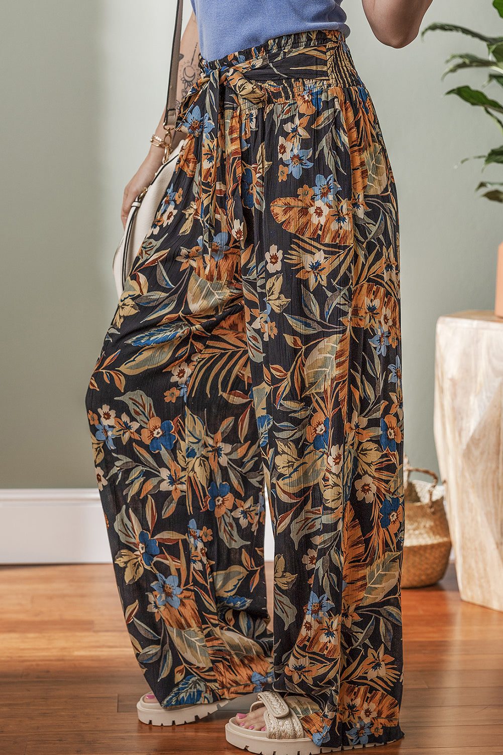 Multicolour Floral Shirred High Waist Wide Leg Pants with Tie