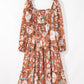 Brown Floral Print Shirred Square Neck High Waist Maxi Dress