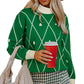 Dark Green Diamond Pattern Pom Accents Contrast Trim High Neck Sweater