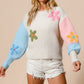 Multicolour Floral Embroidered Colorblock Fuzzy Drop Shoulder Sweater