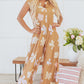 Khaki Floral Print Sleeveless Button up Wide Leg Loose Jumpsuit