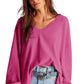 Bright Pink Waffle V Neck Long Sleeve Drop Shoulder Loose Blouse