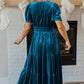 Prussian Blue Velvet Short Sleeve Shirred Waist Tiered Maxi Dress