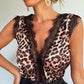 Contrast Lace Leopard Print V Neck Sleeveless Top Casual Backless Tank