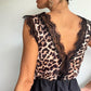 Contrast Lace Leopard Print V Neck Sleeveless Top Casual Backless Tank