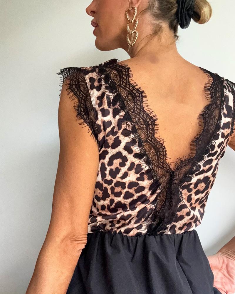 Contrast Lace Leopard Print V Neck Sleeveless Top Casual Backless Tank