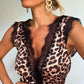 Contrast Lace Leopard Print V Neck Sleeveless Top Casual Backless Tank