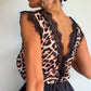 Contrast Lace Leopard Print V Neck Sleeveless Top Casual Backless Tank