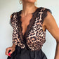 Contrast Lace Leopard Print V Neck Sleeveless Top Casual Backless Tank