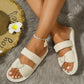 White Pearled Heart Shape Ribbed Flat Slippers