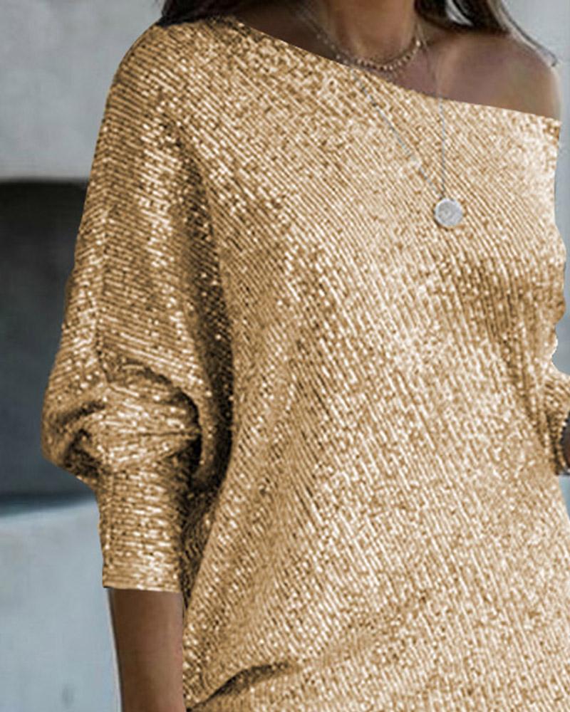 Slash Neck Batwing Sleeve Allover Sequins Dress