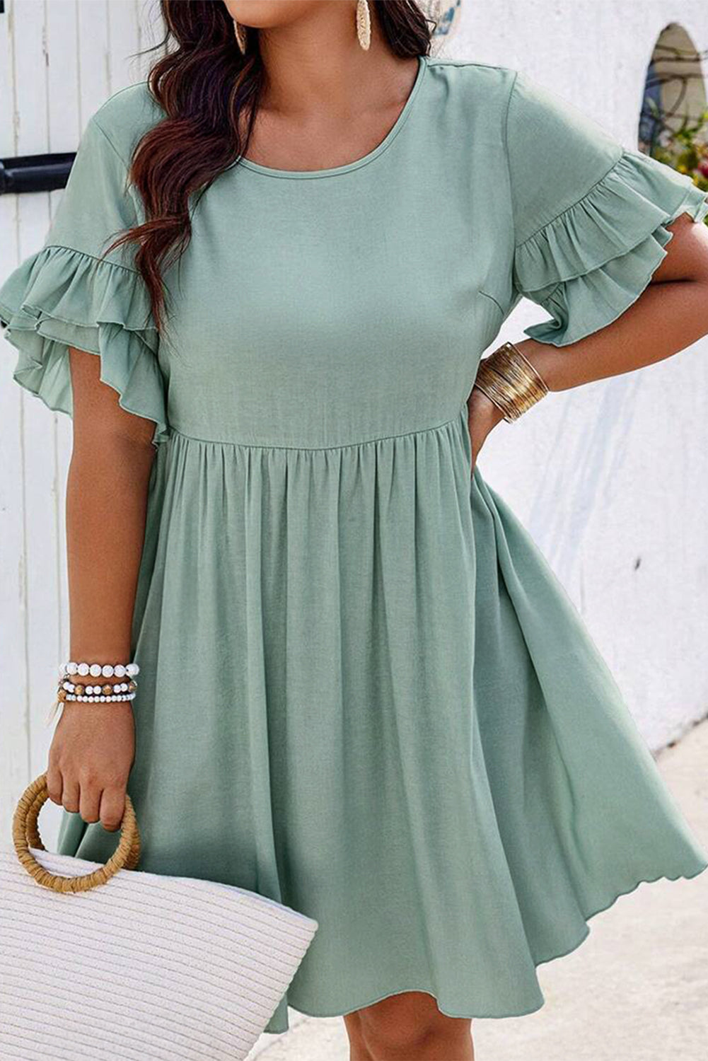 Grass Green Ruffle Trim Short Sleeve Plus Size Flared Mini Dress