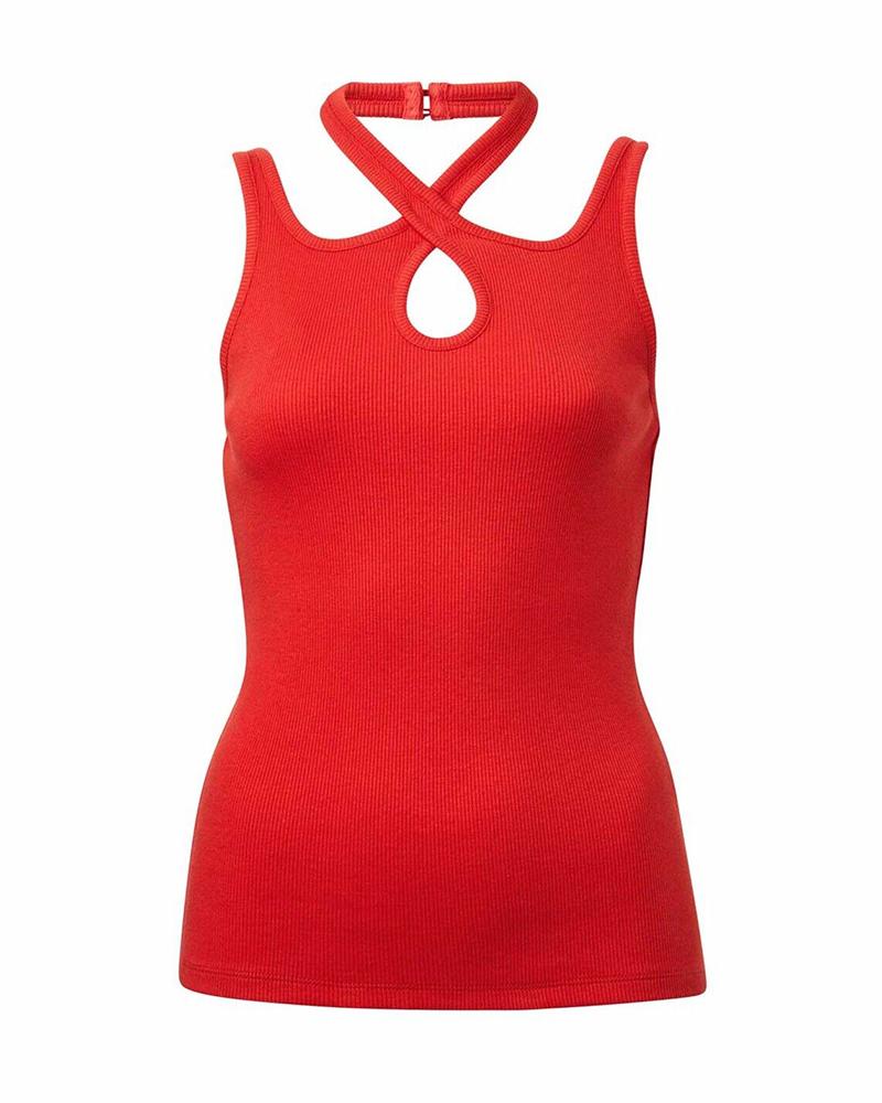 Criss Cross Asymmetrical Neck Ribbed Tank Top