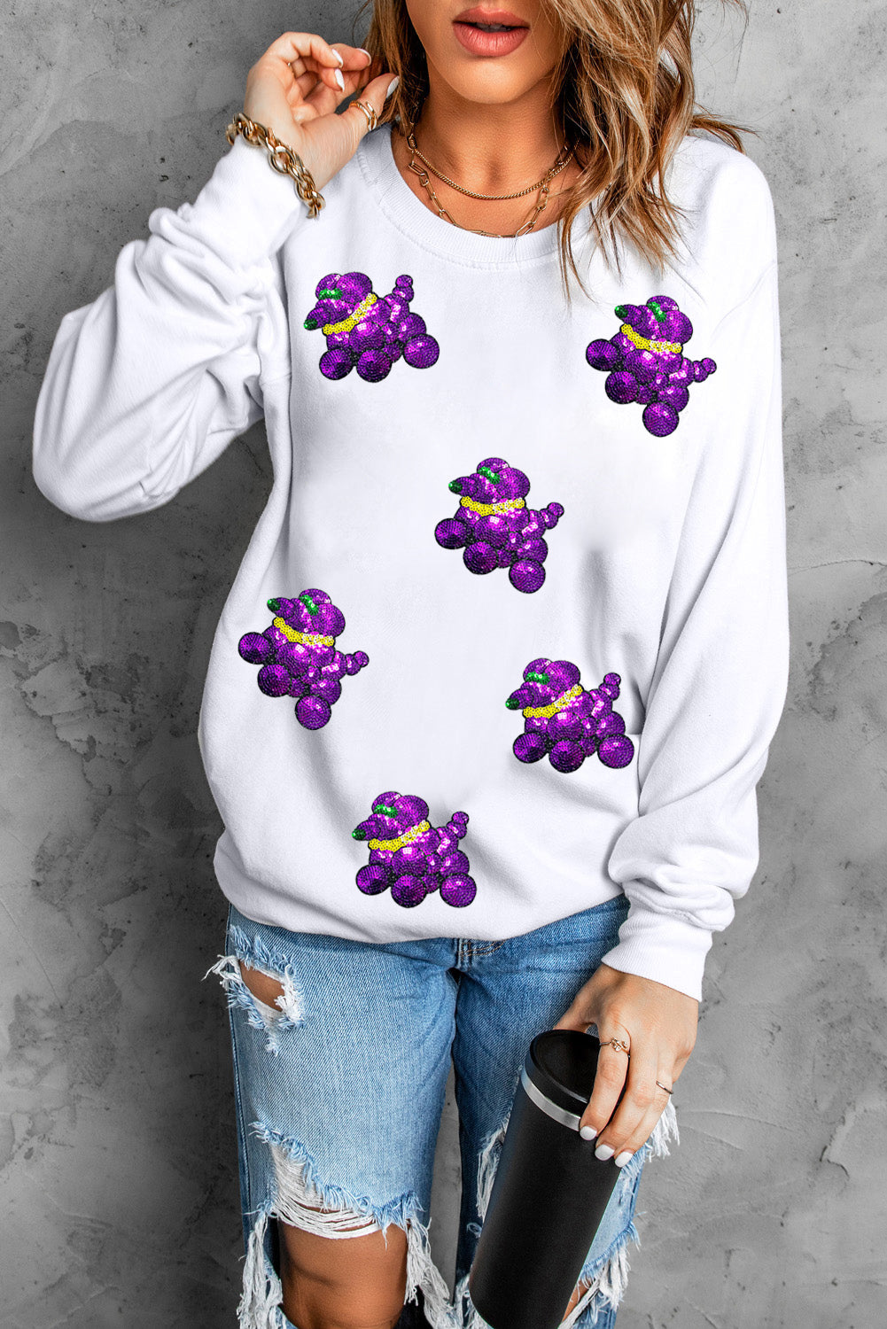 White Sequin Balloon Puppy Graphic Mardi Gras Sweatshirt