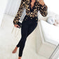 Leopard Print Contrast Lace Slim Fit Top Long Sleeve Plunge Blouse