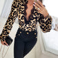 Leopard Print Contrast Lace Slim Fit Top Long Sleeve Plunge Blouse