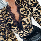 Leopard Print Contrast Lace Slim Fit Top Long Sleeve Plunge Blouse