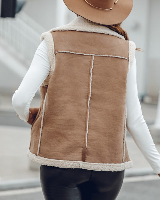 Pu Notched Collar Sleeveless Jacket Front Pocket Chain Fall and Winter Coat