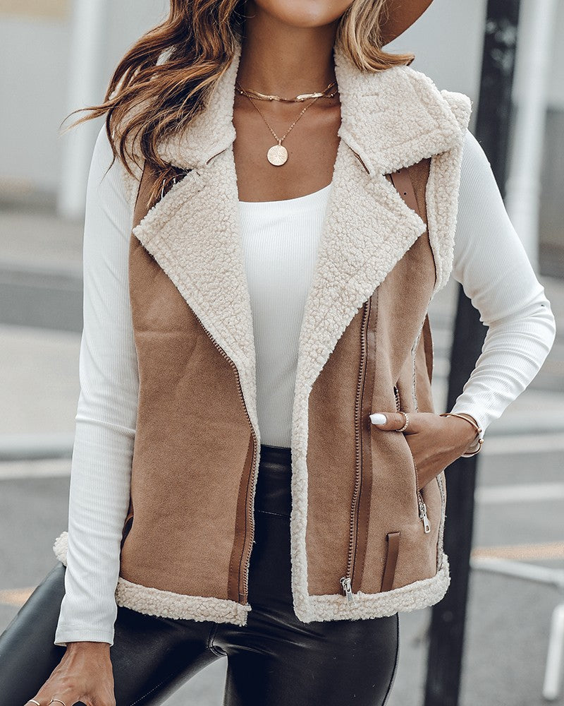 Pu Notched Collar Sleeveless Jacket Front Pocket Chain Fall and Winter Coat